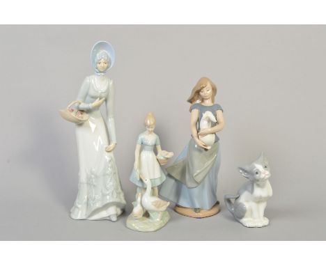 A LLADRO CAT, No.5113, designer Salvador Debon, height 13.5cm, a Nao figure, 'Country Girl with Rabbit' by Juann Hverta, No.0