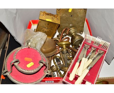 A BOX OF METALWARES, including copper and brass hooks, quartz movement carriage clock, fish eaters, etc