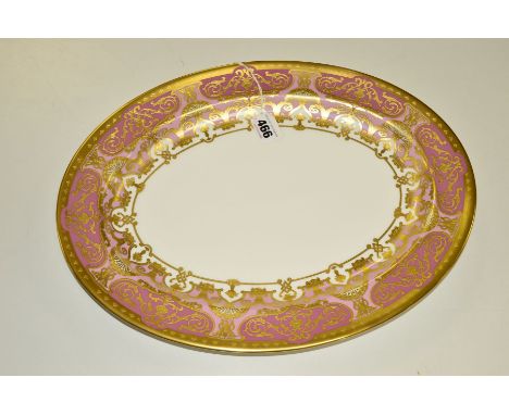 A ROYAL CROWN DERBY OVAL (MEAT) PLATTER, A1359 'Heritage' pattern, pink and lilac bands with gilt detailing, length 41cm (ret