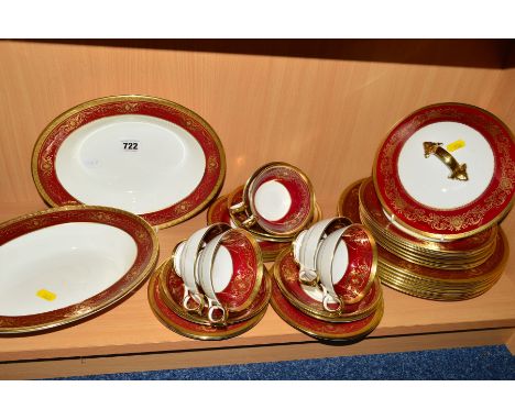 AYNSLEY PART DINNERWARES, red and raised gilt border, No.8357, (similar to Marlborough-colbalt blue), consisting of two open 