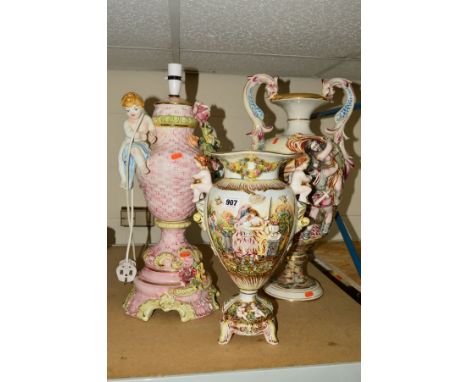 TWO CAPODIMONTE RELIEF MOULDED BALUSTER SHAPED URNS, maker's marks to base, height of tallest approximately 57cm, together wi