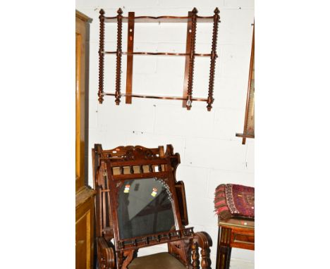 A VICTORIAN PINE THREE TIER BOBBIN TURNED WALL SHELVES, together with an Edwardian wall mirror and another wall shelf (3)