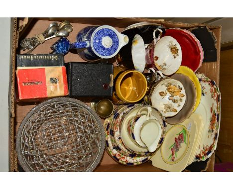 A BOX OF SUNDRIES, GLASS, CERAMICS, ETC, to include footed cut glass posy bowl, teaware (queen Anne, Royal Doulton etc), View