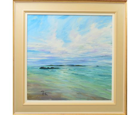 TOM BARRON (BRITISH CONTEMPORARY), an impressionist seascape, signed bottom left, acrylic on canvas, framed, 58cm x 58cm (A)