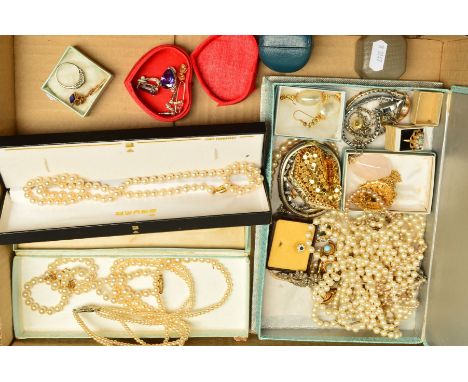 A SMALL BOX OF COSTUME JEWELLERY, to include a rose quartz pendant, imitation pearl necklaces, watches, rings, earrings, neck