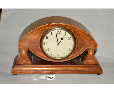 A SMALL INLAID MANTEL CLOCK, dial marks 'The Northern Goldsmiths Newcastle-Upon-Tyne' width 25.5cm x depth 8cm x height 15cm 
