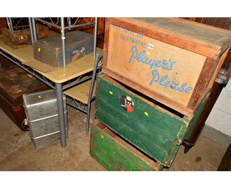 TWO LARGE GREEN PACKING CRATES WITH TRAVEL LABELS, three various other crates, tin trunk and an aluminium chest, etc (9)