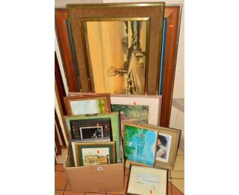 A BOX AND LOOSE PICTURES AND PRINTS ETC, to include a Japanese style silk panel/cuff, framed, approximate size 25cm x 45cm, i