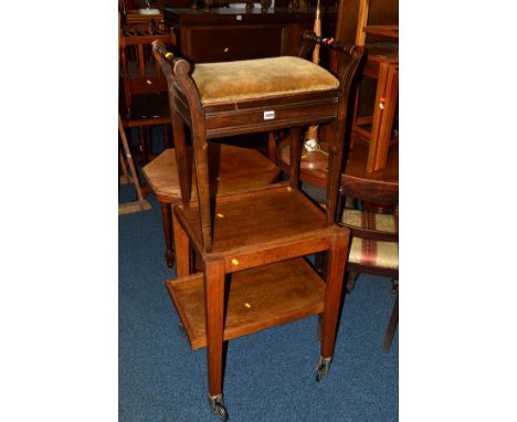 AN EDWARDIAN OAK PIANO STOOL, an oak two tier tea trolley, an Edwardian octagonal occasional table and a teak standard lamp (