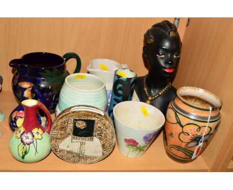 A SMALL GROUP OF VASES, JUGS AND LAMP BASE, to include Collard Honiton vase, height 15cm, a small Troika pottery wheel vase, 