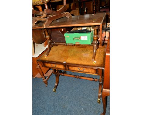 A REPRODUCTION WALNUT AND MAHOGANY SOFA TABLE, together with a drop leaf occasional table (2)