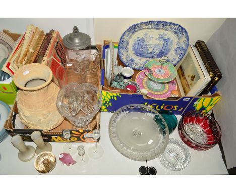 TWO BOXES AND LOOSE CERAMIC AND GLASS ITEMS, etc, to include Waterford Crystal ashtray, Wedgwood Sandringham candlesticks, Ge