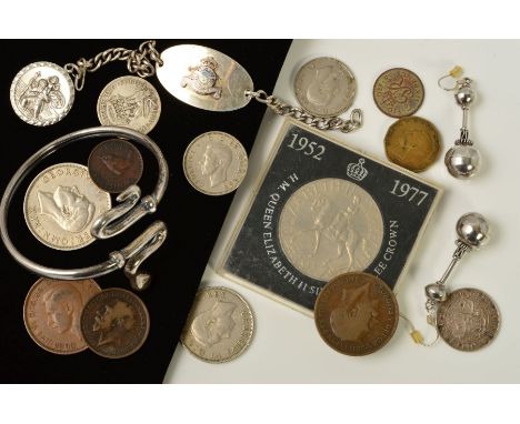 A SELECTION OF SILVER AND WHITE METAL JEWELLERY AND COINS, to include a St Christopher pendant, a snake torque bangle, a Roya