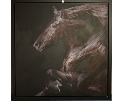 HUW WILLIAMS (BRITISH 1968), 'Equus II', a large portrait of a Black Horse, signed verso, acrylic on canvas, framed, approxim