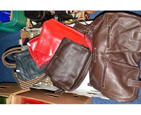 A BOX OF HANDBAGS, to include leather 'Tula', 'Fenn Wright Manson', together with 'Ted Baker', 'John Lewis' and 'M &amp; S', 