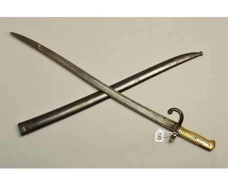 A FRENCH CHASSEPOT BAYONET AND SCABBARD, blade is marked 'Chatellerault 1872' scabbard does not bear the same serial number a