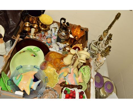 TWO BOXES AND LOOSE CERAMICS, GLASS, LAMP BASES ETC, to include three piece dressing table set and tray, a plastic candlestic