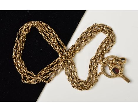 A LATE VICTORIAN 9CT GOLD GUARD CHAIN, the fancy double belcher link chain with lobster claw clasp, suspending a key ring and