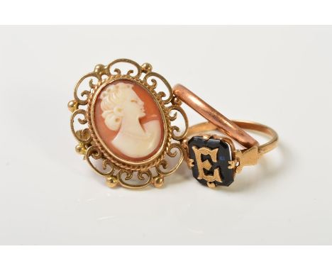 THREE RINGS, the first a cameo ring (a/f), the second claw set with a rectangular panel overlaid with the letter E, the third