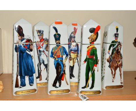 A SET OF SIX NAPOLEONIC EMPTY DECANTERS, from 'The Collectors Of Cognac De Luze Limited Edition', 'Chevav-Leger', 'Hussard', 