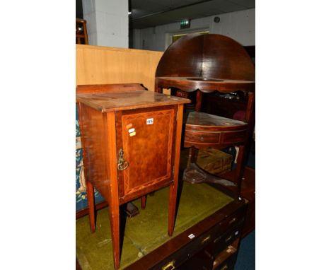 AN EDWARDIAN MAHOGANY AND INLAID POT CUPBOARD, together with a Georgian mahogany corner washstand and an oak firescreen (3)