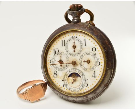 A SIGNET RING AND A POCKET WATCH, the signet ring designed as a square panel and branded shoulders, split shank and misshapen