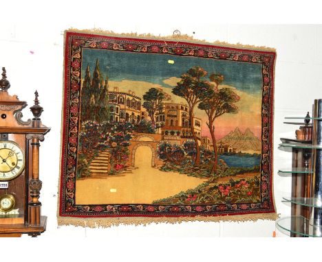A 20TH CENTURY WALL TAPESTRY OF A GREEK LANDSCAPE SCENE, width 95cm x height 77cm
