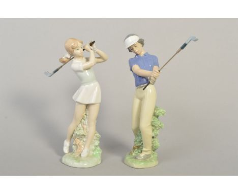 TWO NAO GOLFING FIGURES, 'Out Of The Rough' No.0450, height approximately 24cm (girl golfer) and 'Fore!' No.0451 (male golfer