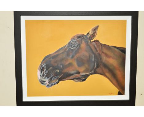 CAROL GILLAN (BRITISH 1961) 'THE GODFATHER', a portrait study of a brown horse, signed bottom right, acrylic on canvas, frame