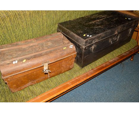 A PAINTED RECTANGULAR METAL TRUNK, together with a tin trunk (2)