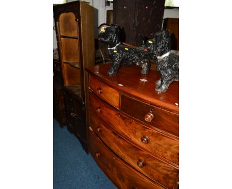 A TALL VICTORIAN FLAME MAHOGANY BOW FRONT CHEST OF TWO SHORT AND THREE LONG DRAWERS, with turned rosewood handles, width 111c