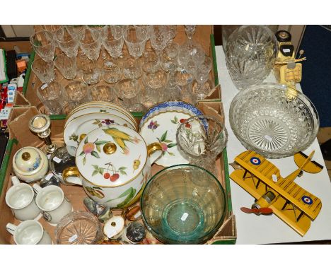 TWO BOXES AND LOOSE CERAMICS, GLASS, etc, to include model bi-plane and scooter, Royal Worcester 'Evesham' covered twin handl