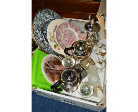 A BOX AND LOOSE SUNDRY ITEMS, to include Viners four piece tea service, glass dressing table items, carved silhouette panels,