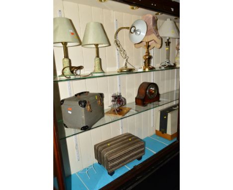 A COLLECTION OF VARIOUS MISCELLANEOUS ITEMS, to include a walnut mantle clock, a cased miniature sewing machine, another case