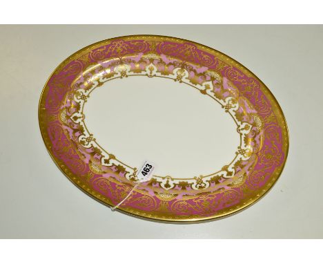 A ROYAL CROWN DERBY OVAL (MEAT) PLATTER, A1359 'Heritage' pattern pink and lilac ground with gilt detailing, length 41cm  