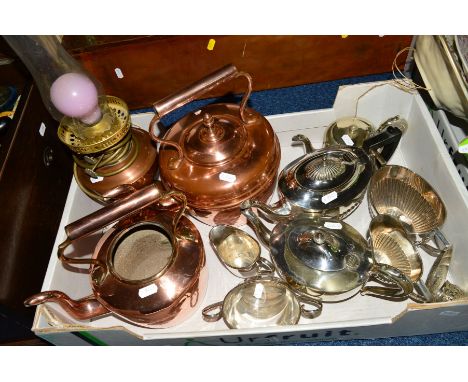 A BOX AND LOOSE METALWARE, to include two three piece plated tea services (Sheffield &amp; Unity), two copper kettles (no lid