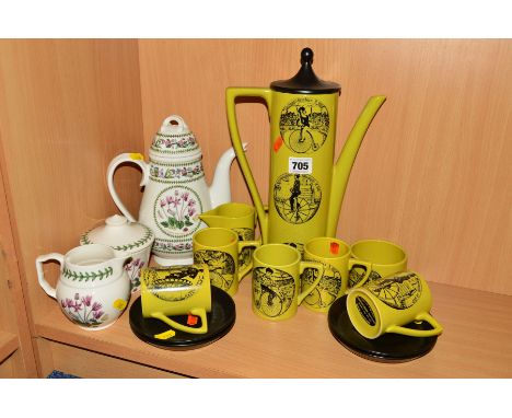 PORTMEIRION 'VELOCIPEDES' PART COFFEE WARES, to include coffee pot, milk jug, sugar bowl, five cups and four saucers (in lime