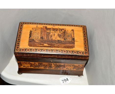 A TUNBRIDGE WARE TEA CADDY, with building and floral inlaid decoration, waisted body and bun feet, width 21cm x depth 12cm x 