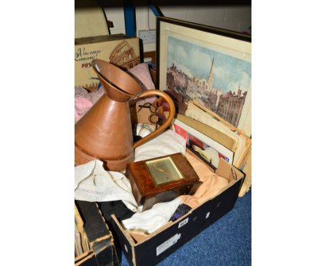 A BOX AND LOOSE SUNDRY ITEMS, to include an Elliot clock (Garrad &amp; Co Ltd), a brass trivet, copper jug, biscuit barrel, a