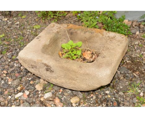 A SANDSTONE TROUGH, width 47cm x depth 36cm