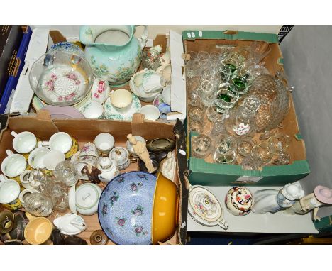 THREE BOXES AND LOOSE CERAMICS, GLASS ETC, to include two Nao figures 'Gentle Breeze' No.1158 and girl holding puppy, Masons 