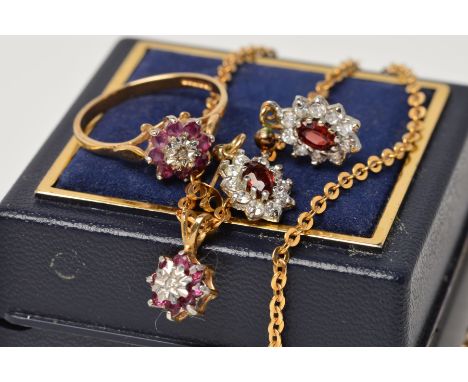 A 9CT GOLD RUBY AND DIAMOND SMALL CLUSTER PENDANT AND FINE CHAIN, measuring approximately 420mm in length, together with a si