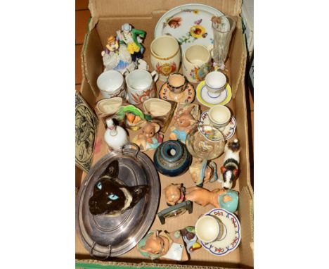A BOX OF CERAMICS, PLATED ENTREE DISH, etc, to include Minton Hollins Co 'Romeo &amp; Juliet' tile, Henriot Quimper egg cups,