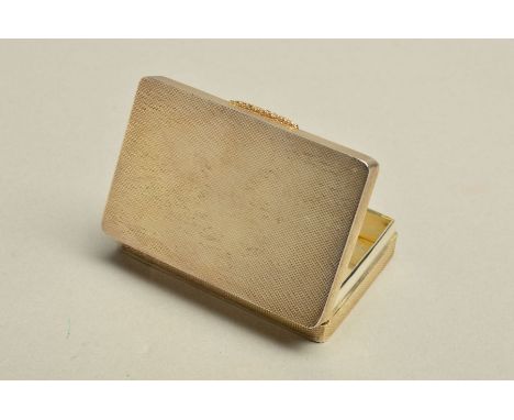 AN ELIZABETH II SILVER SNUFF BOX, of rectangular form, engine turned, gilt interior, maker WH ?, Birmingham 1953, width 8cm, 