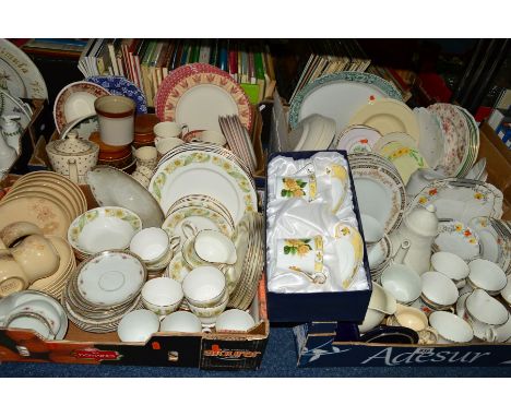 FOUR BOXES AND LOOSE TEA/DINNERWARES, to include Denby 'Maplewood' part teawares, Melba China teawares, Duchess 'Greensleeves