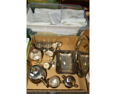 A TRAY OF SILVER PLATED ITEMS TO INCLUDE matching teapot, sugar and milk, a salver, antler handled beaker, candlestick etc, t