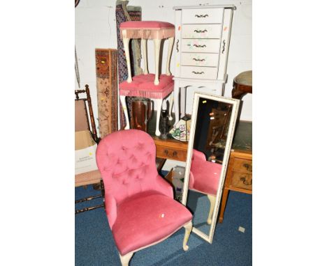 A PAINTED JEWELLERY CHEST, of five drawers with a hinged top, bedroom chair and two similar stools, Tiffany style table lamp,