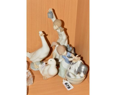 A LLADRO FIGURE GROUP, 'Bashful Bather' No.5455, designer Juan Huerta, together with a Nao Duck, a Goose and figure group 'Wh