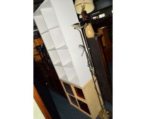 A MODERN BEECH STORAGE UNIT with four perspex boxes, together with an open shelving unit, table lamp and a chrome uplighter (