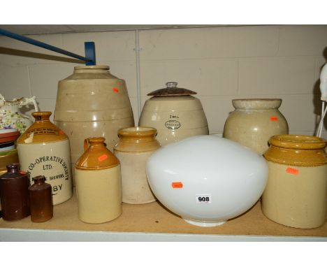 SALT GLAZED STONEWARE, etc, to include barrels, flagons, storage jars and mixing bowls, etc, together with a glass lamp shade